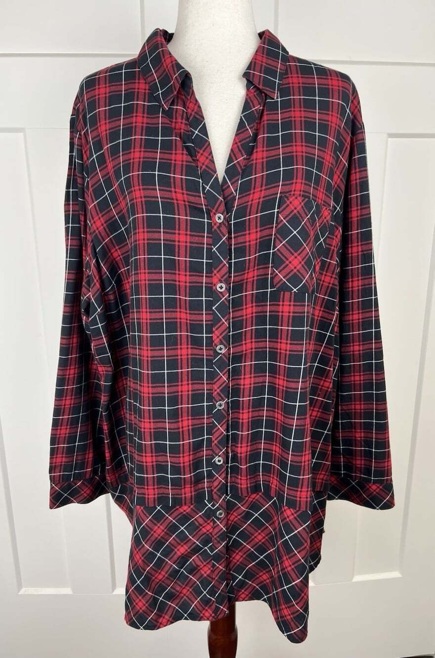 J Jill Plaid Tunic Top 3X Red Black Flounce Hem Button Front Plus Size Holiday